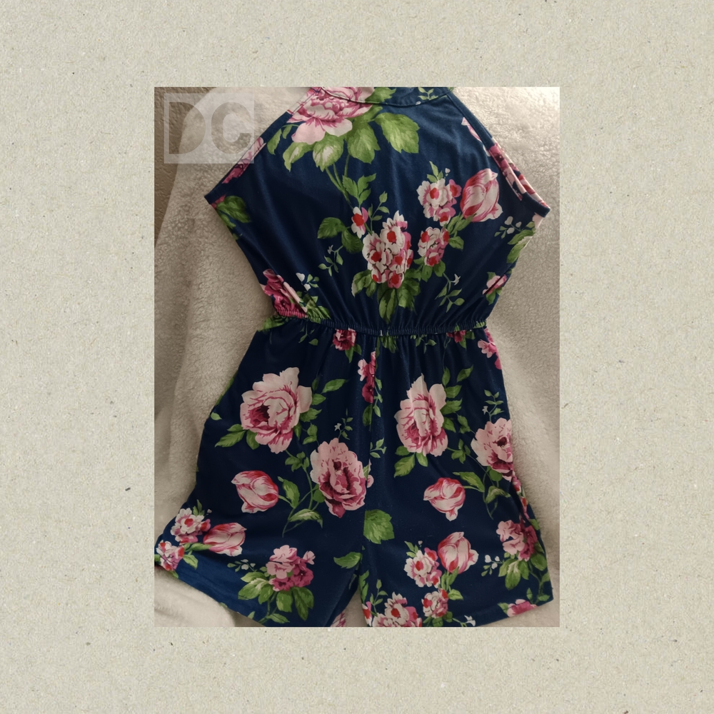 #7 Floral Kids Romper - Navy W Pink Roses